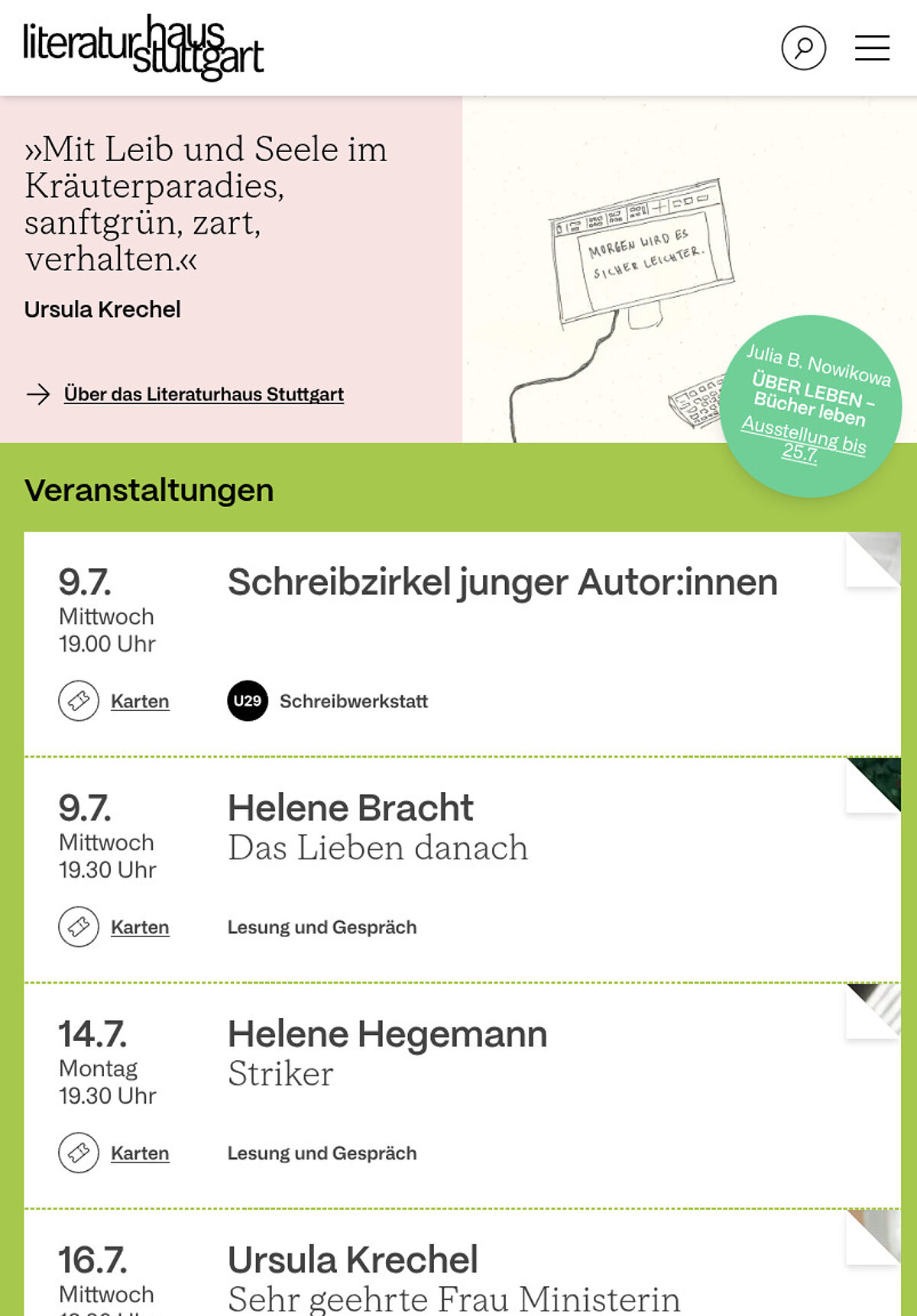 Startseite des Literaturhaus Stuttgart in der Tablet-Ansicht