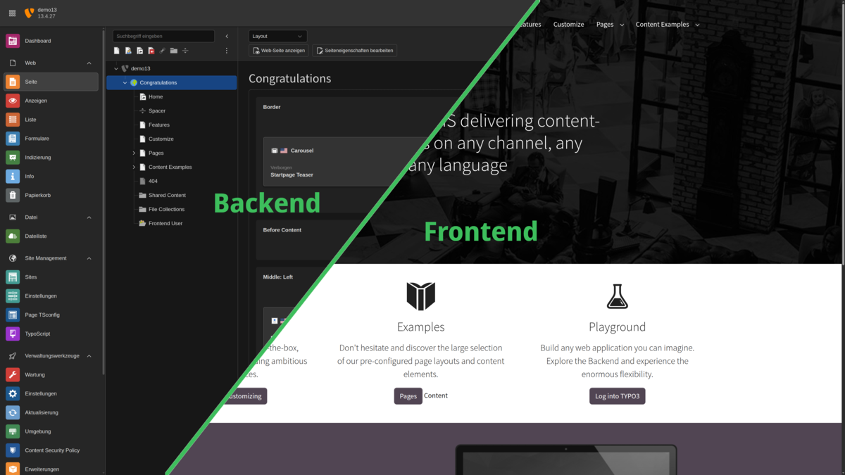 TYPO3 Backend-Oberfläche links, fertige Website im Browser rechts – Vergleich Backend vs. Frontend