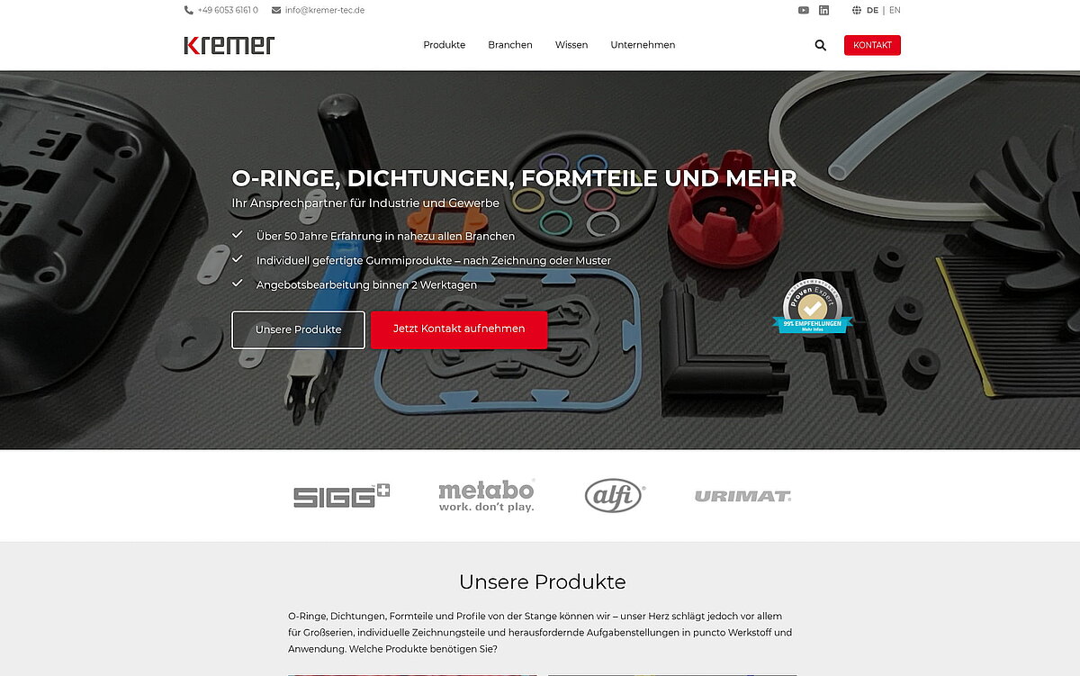 Startseite von KREMER in der Desktop-Ansicht